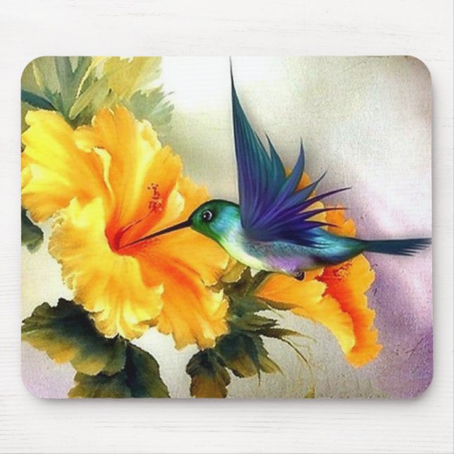Diamond Blue Hummingbird and Flower Fine Art Mouse Pad (Front)