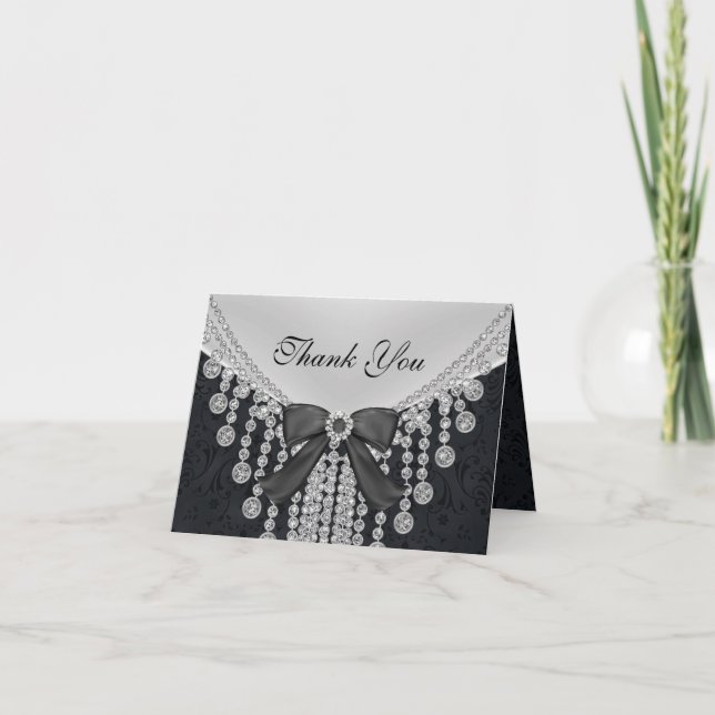 Diamond Bow & Damask 25th Anniversary Thank You Card (Front)