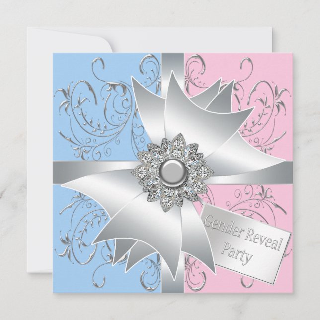 Diamond Bow Elegant Pink Blue Gender Reveal Invitation (Front)