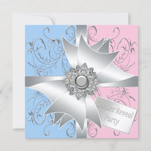 Diamond Bow Elegant Pink Blue Gender Reveal Party Announcements