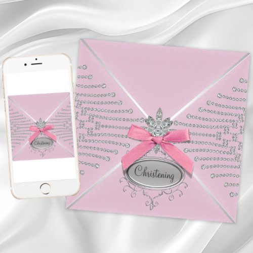 Diamond Bow Pink Christening Invitations