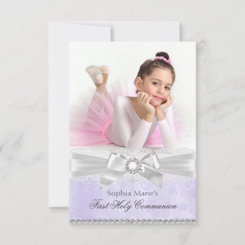 Diamond Bow Purple Photo First Holy Communion Invitation