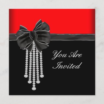 Diamond Bow Red Black Party Invitation by Pure_Elegance at Zazzle