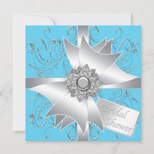 Diamond Bow Silver Teal Blue Bridal Shower Invitations