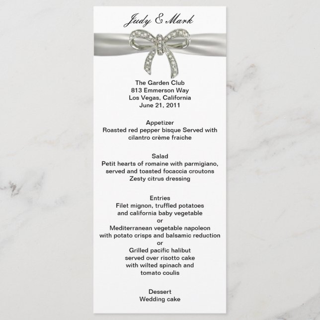 Diamond Bow Wedding Menu Card (Front)