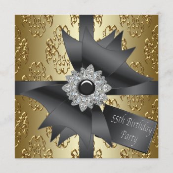 Diamond Bow Womans Black Gold 55th Birthday Party Invitation by decembermorning at Zazzle