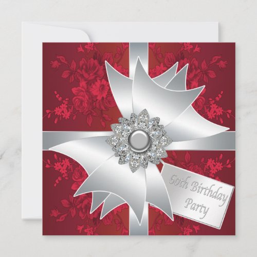 Diamond Bow Womans Red Rose 60th Birthday Party Announcement