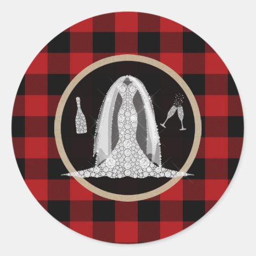 Diamond Bridal Dress Holiday Red Buffalo Plaid Classic Round Sticker