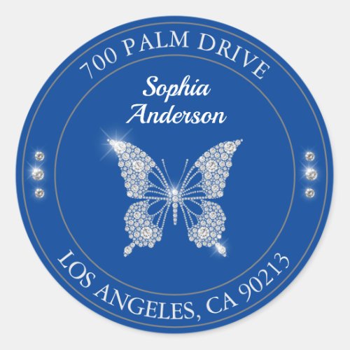 Diamond Butterfly Deep Blue Name  Return Address Classic Round Sticker