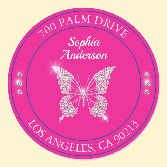 Diamond Butterfly, Fuchsia, Name & Return Address Classic Round Sticker (Creator Uploaded)
