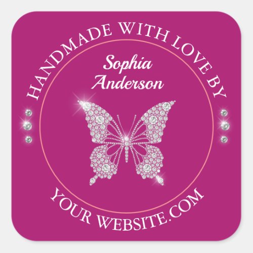 Diamond Butterfly Handmade With Love Deep Fuchsia Square Sticker