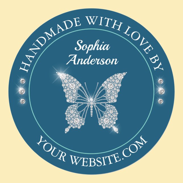 Diamond Butterfly, Handmade With Love Ocean Blue Classic Round Sticker (Creator Uploaded)