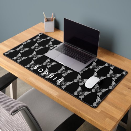 Diamond Butterfly Pattern Bold Name on Black Desk Mat