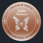 Diamond Butterfly, Rose Gold, DIY Return Address Classic Round Sticker<br><div class="desc">Personalize this diamond butterfly return address sticker with your name and address on rose gold background and white circles with white and brown text. Click “Customize” to change colors and type styles.</div>