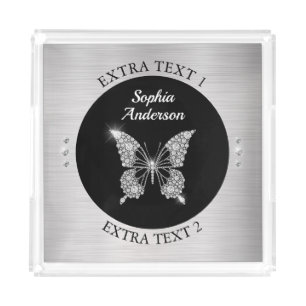 Diamond Butterfly, Silver Metal, Name/Info, Black Acrylic Tray
