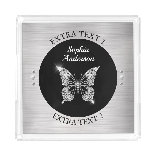 Diamond Butterfly, Silver Metal, Name/Info, Black Acrylic Tray (Front)