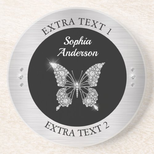 Diamond Butterfly Silver Metal NameInfo Black Coaster