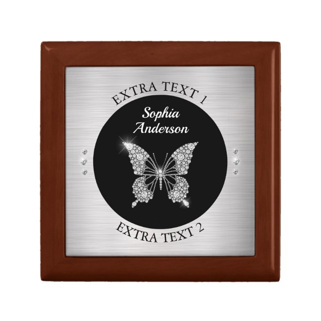 Diamond Butterfly, Silver Metal, Name/Info, Black Gift Box (Front)