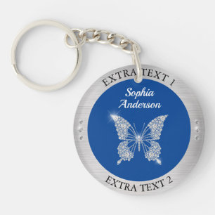 Diamond Butterfly Silver Metal Name/Info Deep Blue Keychain