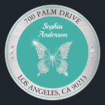 Diamond Butterfly Silver Metal Return Address Teal Classic Round Sticker<br><div class="desc">Personalize this diamond butterfly return address sticker with your name and address in black and white text on silver metal with teal circle background. Click “Customize” to change colors and type styles.</div>