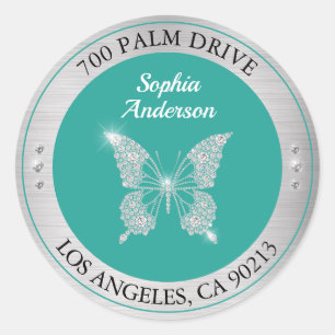 Diamond Butterfly Silver Metal Return Address Teal Classic Round Sticker