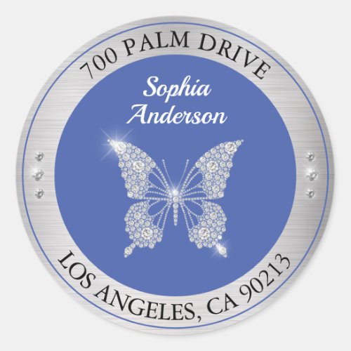 Diamond Butterfly Silver Return Address Med Blue Classic Round Sticker