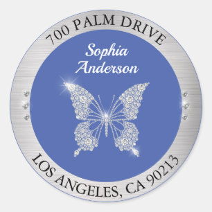 Diamond Butterfly, Silver Return Address, Med Blue Classic Round Sticker