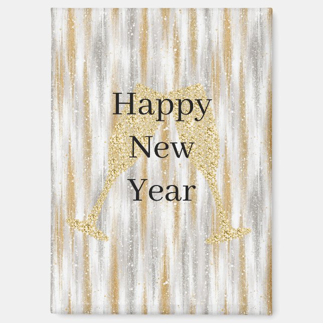 Diamond Champagne Glass Happy New Year Silver Gold Magnet (Front)