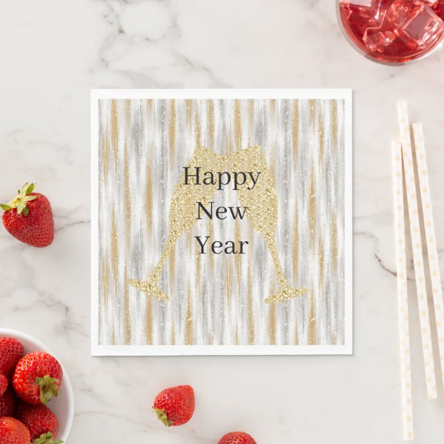 Diamond Champagne Glass Happy New Year Silver Gold Napkins (Insitu)