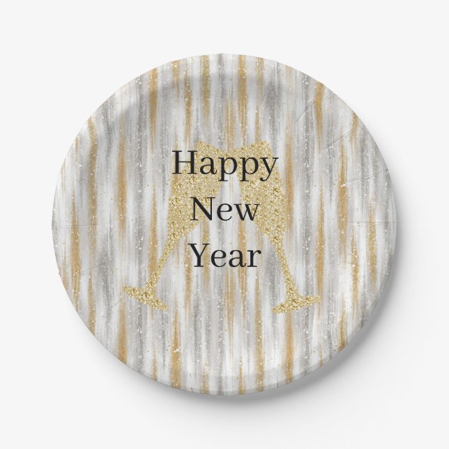 Diamond Champagne Glass Happy New Year Silver Gold Paper Plates (Front)
