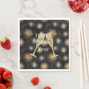 Diamond Champagne Happy New Year Black Fireworks Napkins
