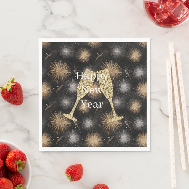 Diamond Champagne Happy New Year Black Fireworks Napkins (Insitu)
