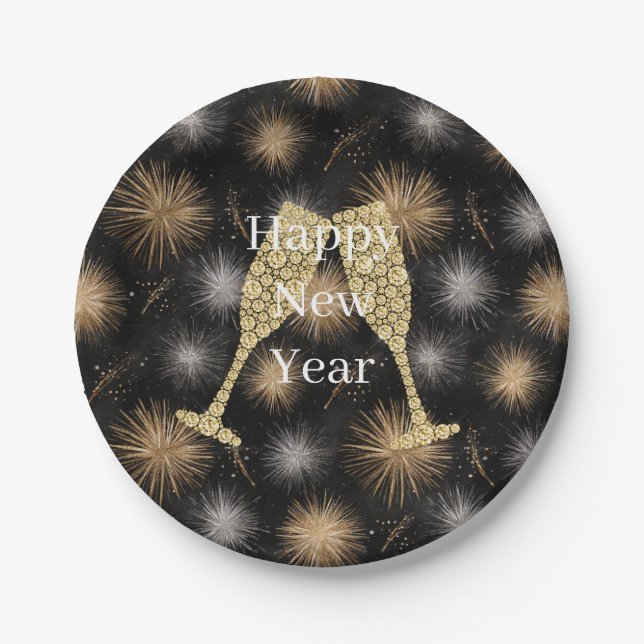 Diamond Champagne Happy New Year Black Fireworks Paper Plates (Front)