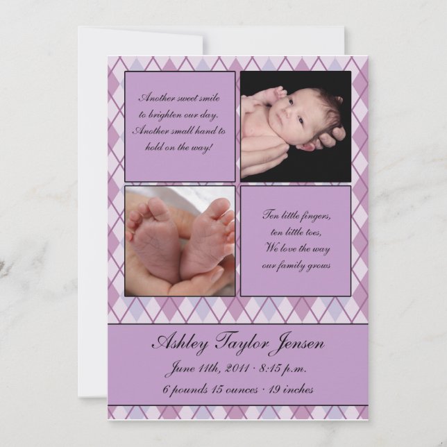 Diamond checkered birth announcement (Front)