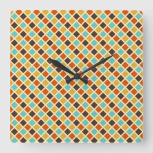 Diamond Checkered Blue Yellow Red Retro Colors Square Wall Clock