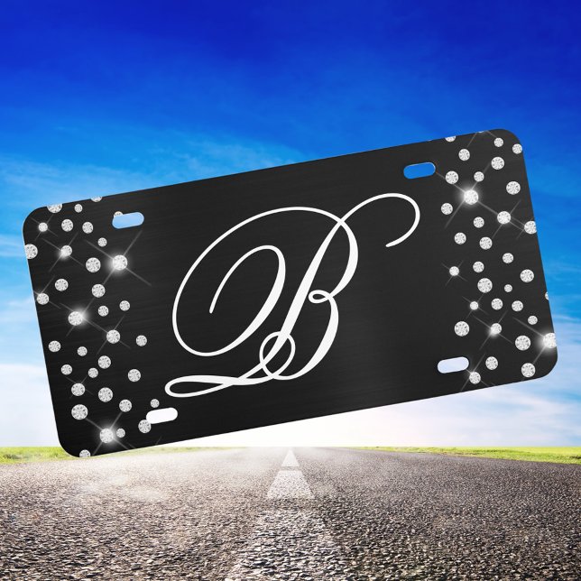 Diamond Confetti Black Foil Monogram License Plate (Silver Glitter and Black Monogrammed Decorative License Plate)