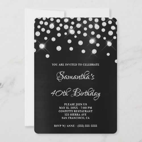 Diamond Confetti Black Satin Foil 40th Birthday Invitation