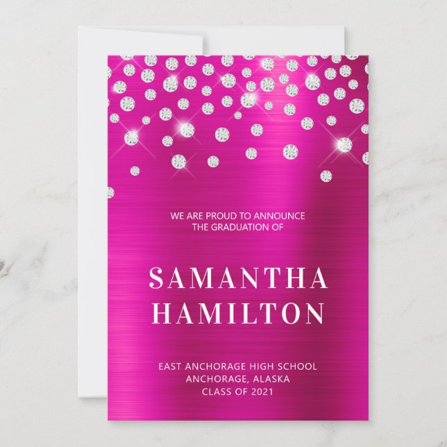 Diamond Confetti Hot Pink Ombre Foil Graduation Announcement (Front)
