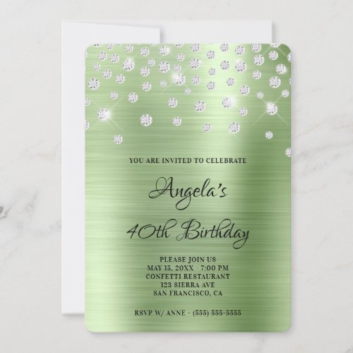 Diamond Confetti Mint Satin Foil 40th Birthday Invitation