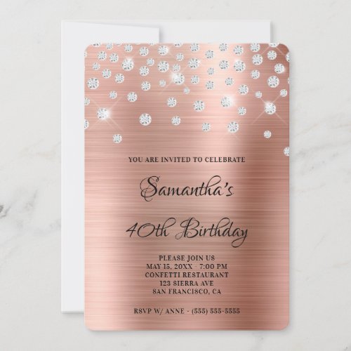Diamond Confetti Rose Gold Foil 40th Birthday Invitation