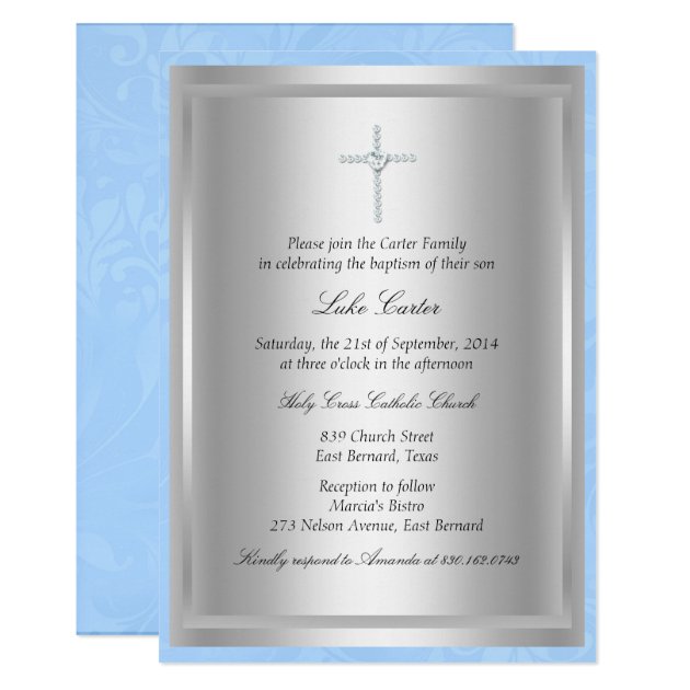 Diamond Cross Blue Baptism/Christening Invitation