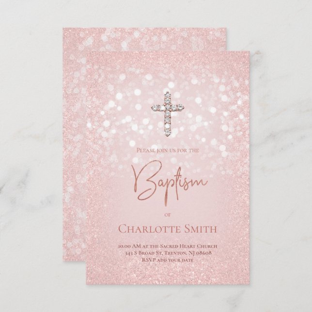 diamond cross on faux pink glitter baptism invitation (Front/Back)