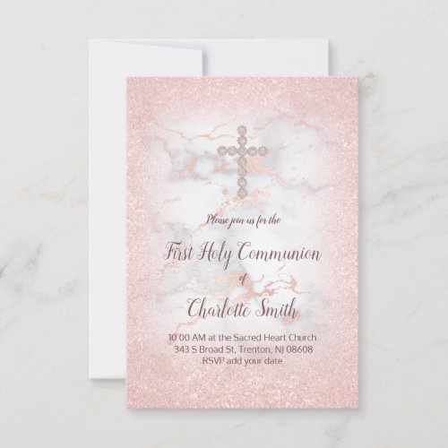 diamond cross on marble first communion invitation