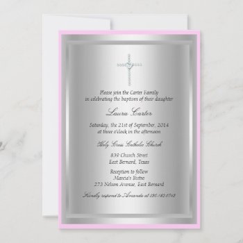 Diamond Cross Pink Baptism/christening Invitation by ExclusiveZazzle at Zazzle