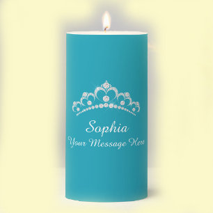 Diamond Crown, Name, Your Message, Teal Pillar Candle