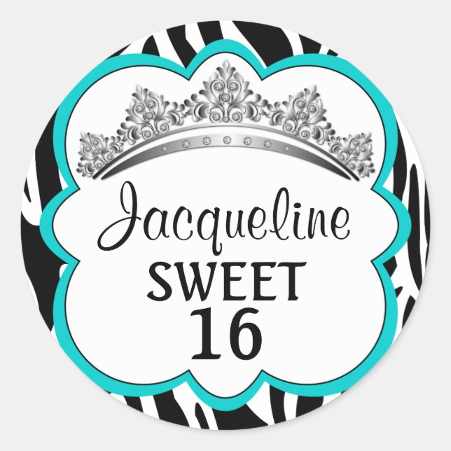 Diamond Crown Zebra Turquois Classic Round Sticker (Front)