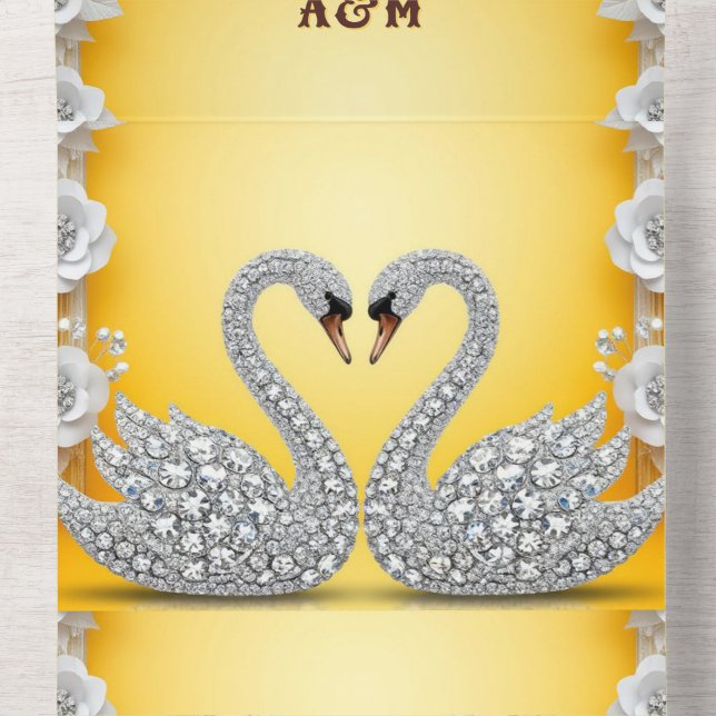 Diamond Crystal Swans Romantic Warm Scene All In One Invitation (Inside Middle)