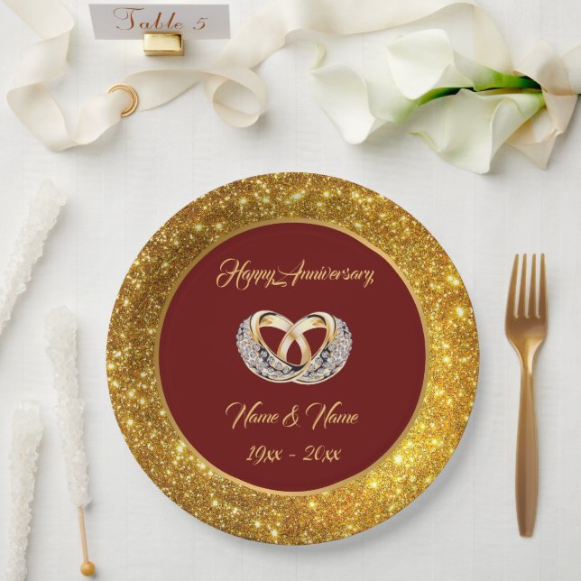 Diamond Customize  Wedding Rings Gold Anniversary Paper Plates (Wedding)