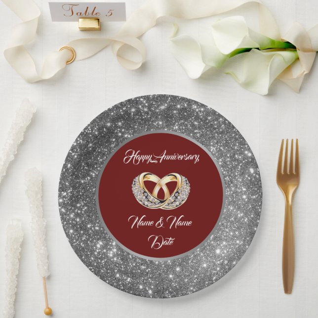 Diamond Customize Wedding Rings Silver Anniversary Paper Plates (Wedding)