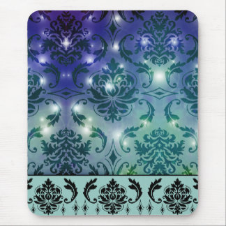 Diamond Damask, FAIRY LIGHTS in Blue and Teal Mouse Pad